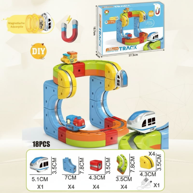 Close-up of magnetic track connections in a kids' anti-gravity electric train STEM toy set