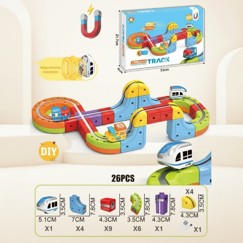 Child's hand placing an electric train on an anti-gravity magnetic track, construction toy fun