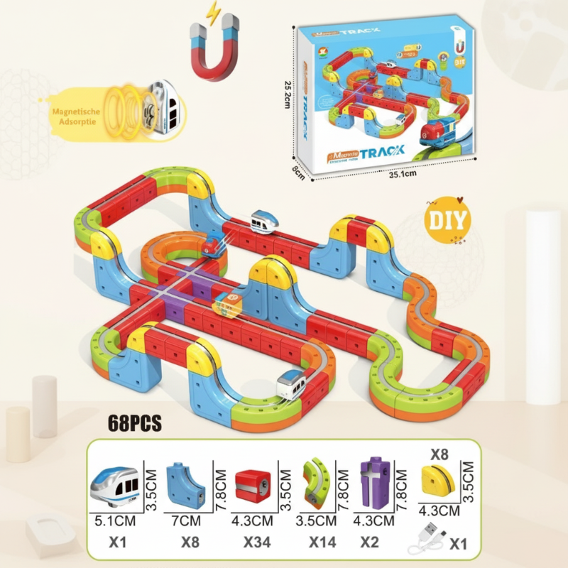 Anti-gravity magnetic track layout showcasing an electric train in motion, activity playset