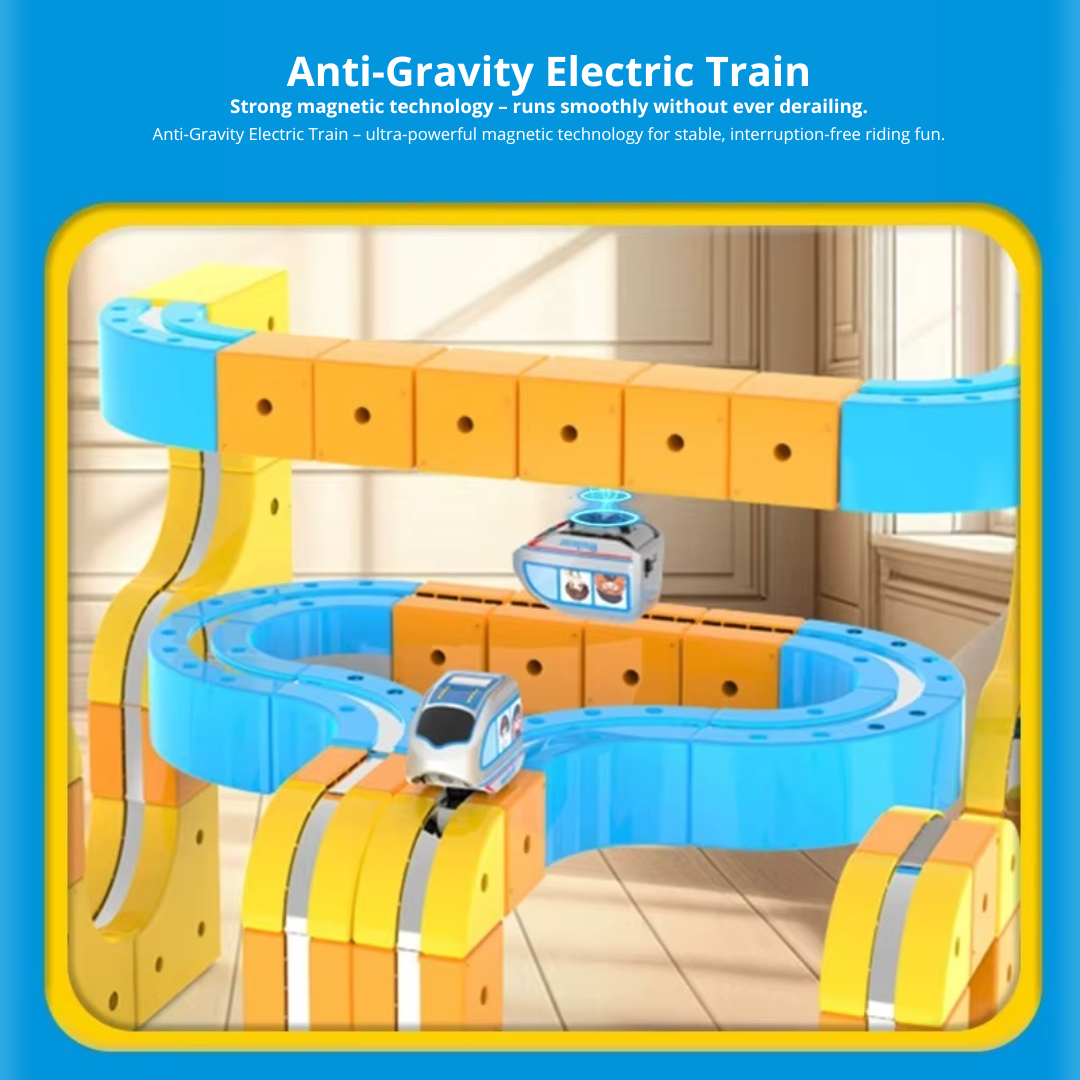 Electric train navigating a gravity-defying magnetic track, an innovative STEM toy for children